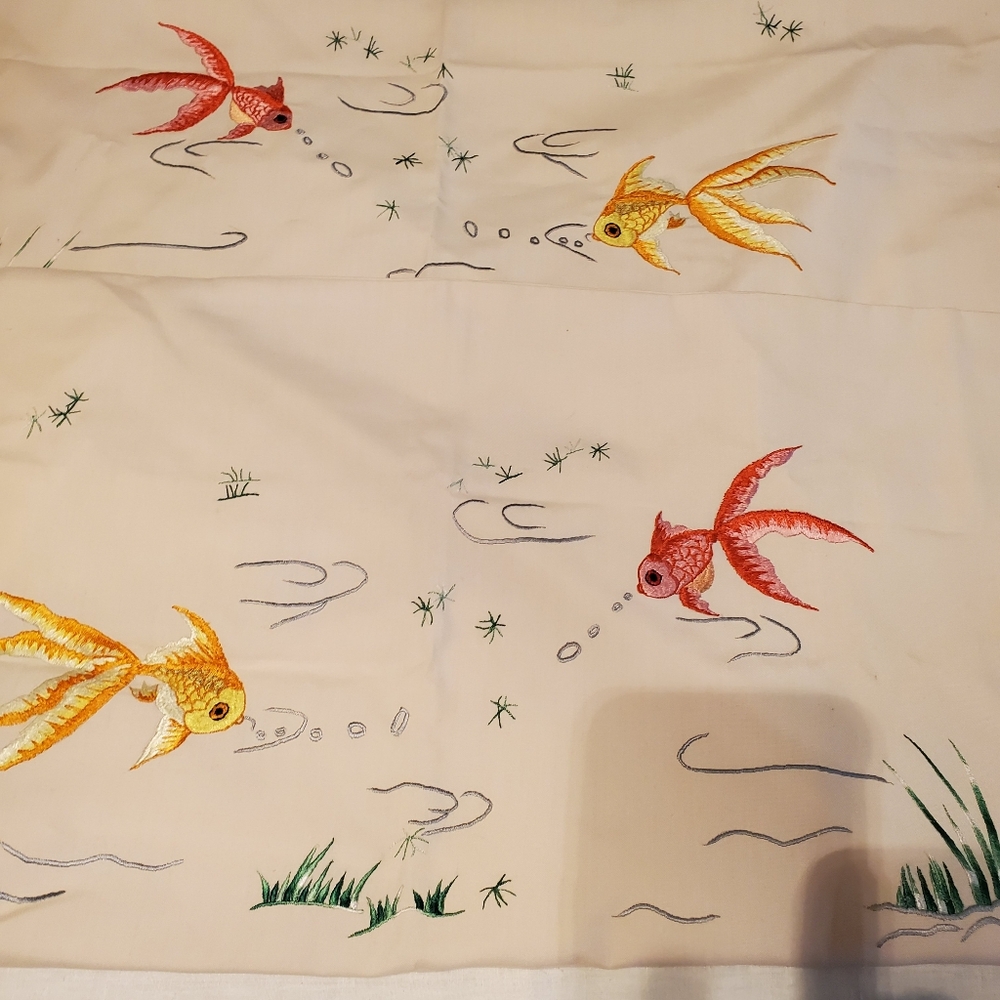 Pr. Pale Peach Pillow Covers with Embroidered Betta Siamese Fighting Goldfish - Picture 3 of 6